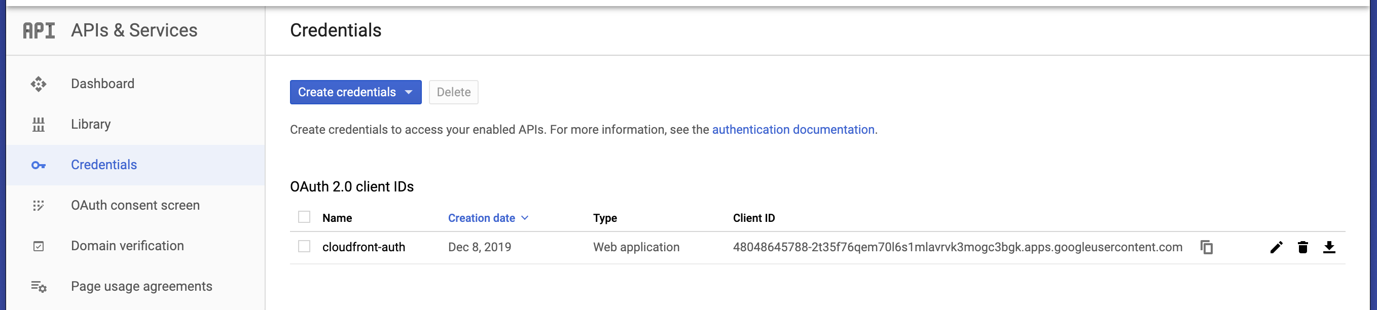 Google API Credentials 一覧画面